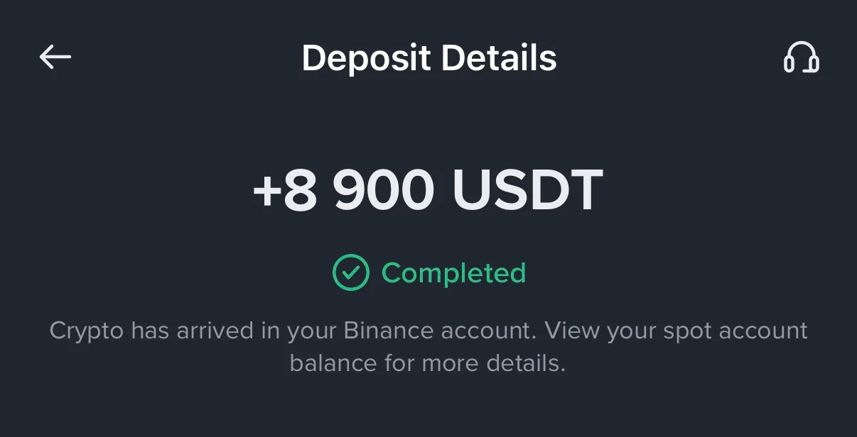 Депозит +8 900 USDT, статус Completed